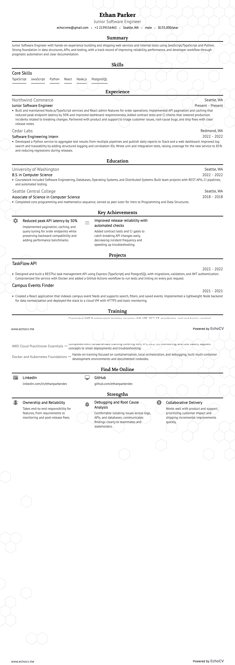 Junior Software Engineer example resume