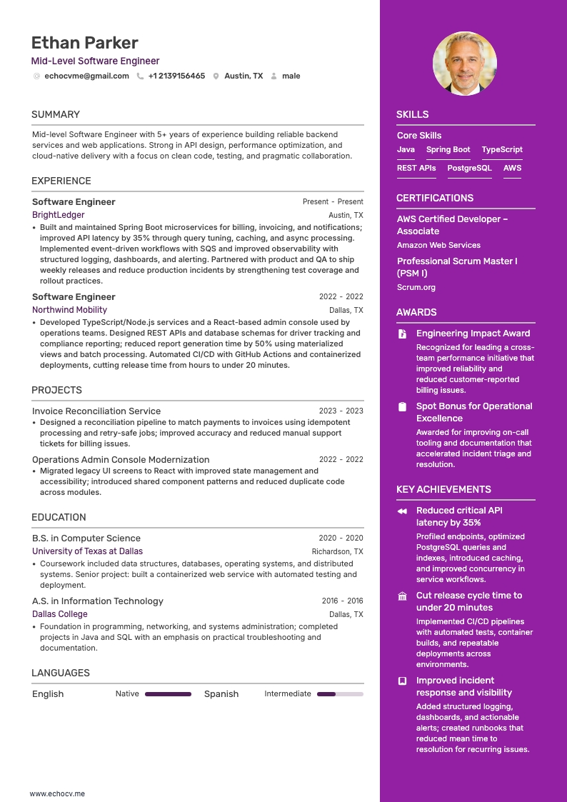 Mid-Level Software Engineer example resume