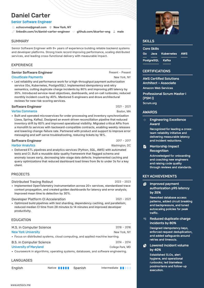 Senior Software Engineer example resume