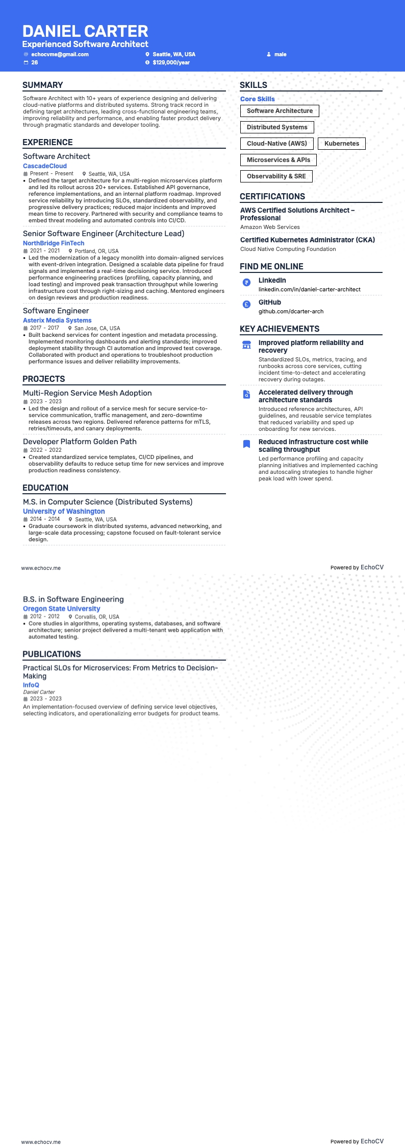 Experienced Software Architect example resume