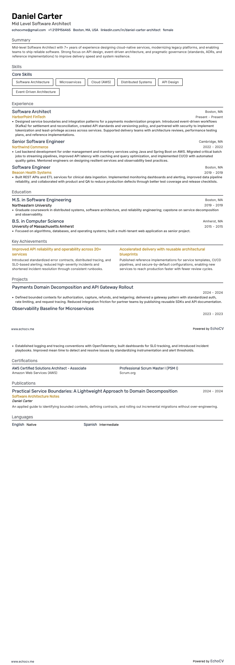 Mjukvaruarkitekt resume example