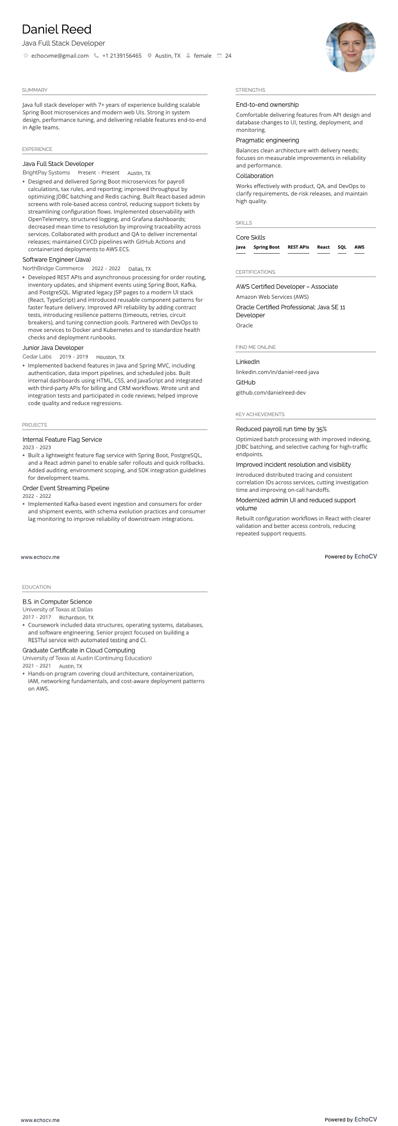 Sviluppatore Full Stack Java example resume