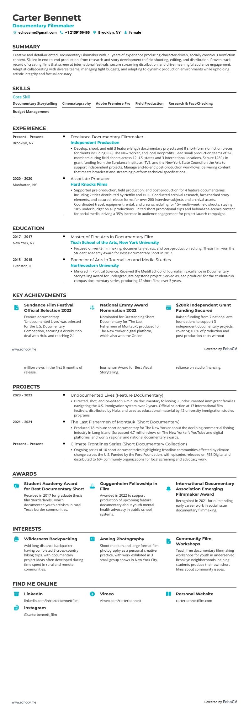 Documentary Filmmaker example resume
