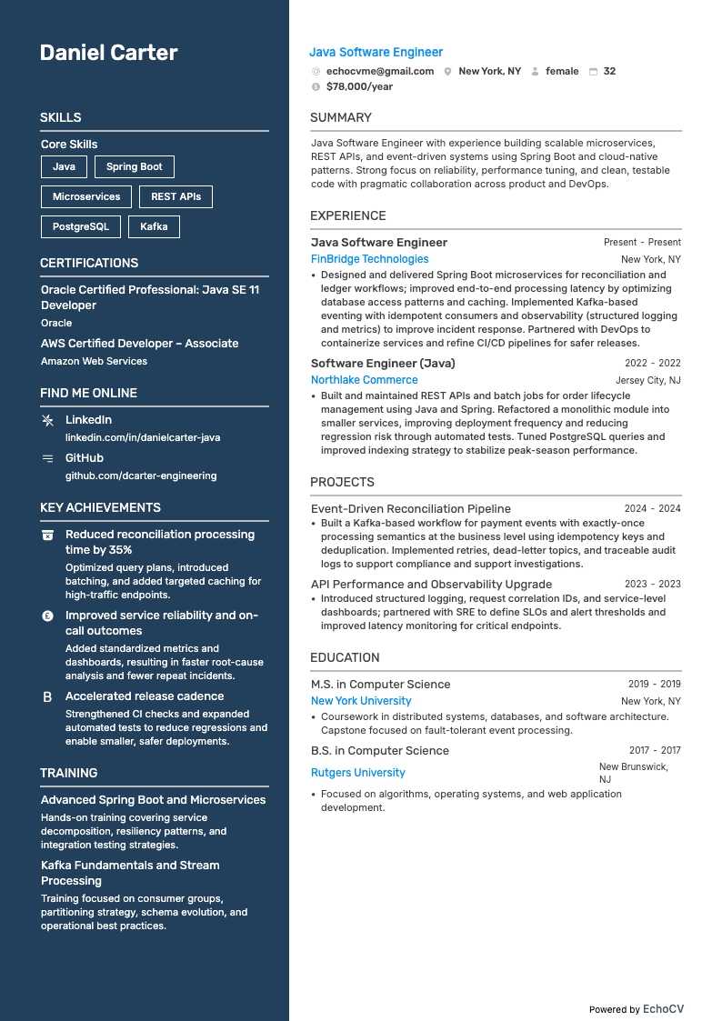 Ingegnere software Java example resume