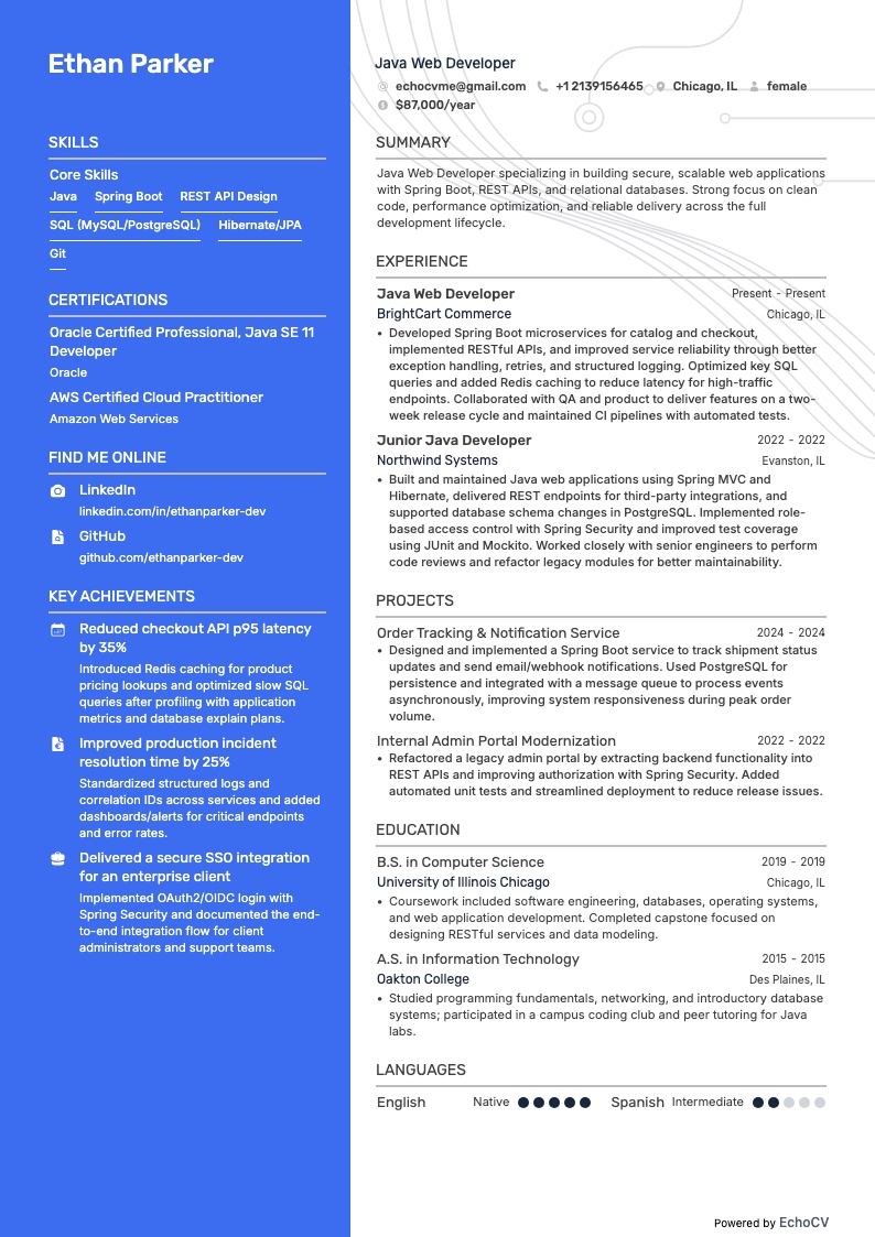 Sviluppatore Java resume example