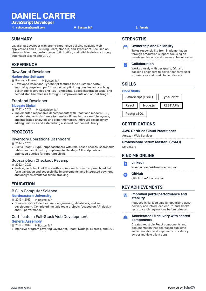 Sviluppatore Javascript example resume