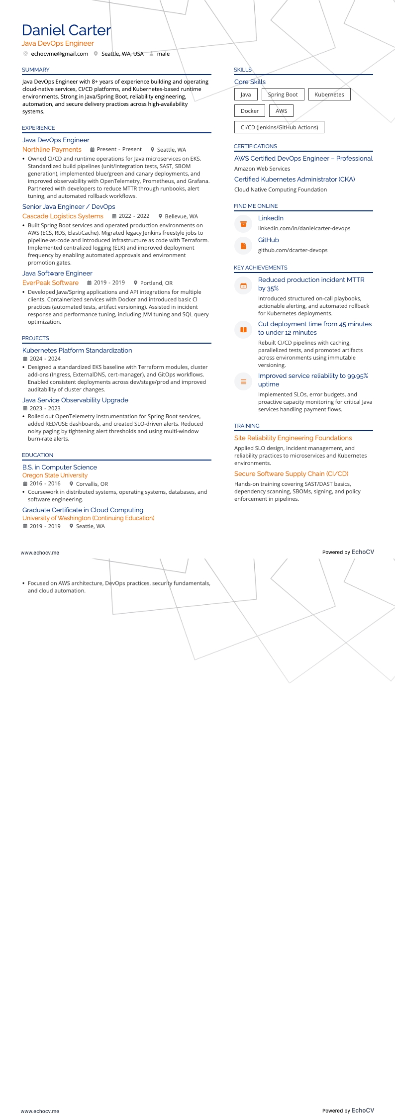 Ingegnere DevOps Java example resume