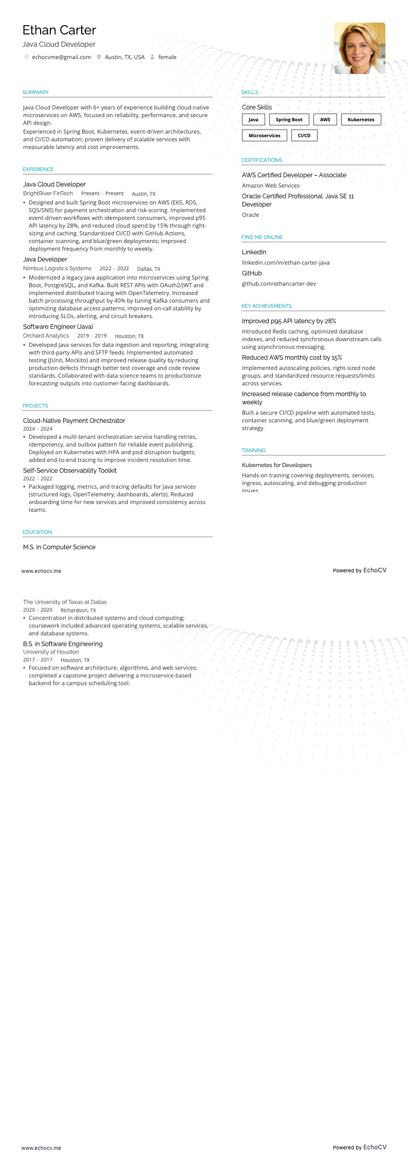 Sviluppatore Java Cloud example resume