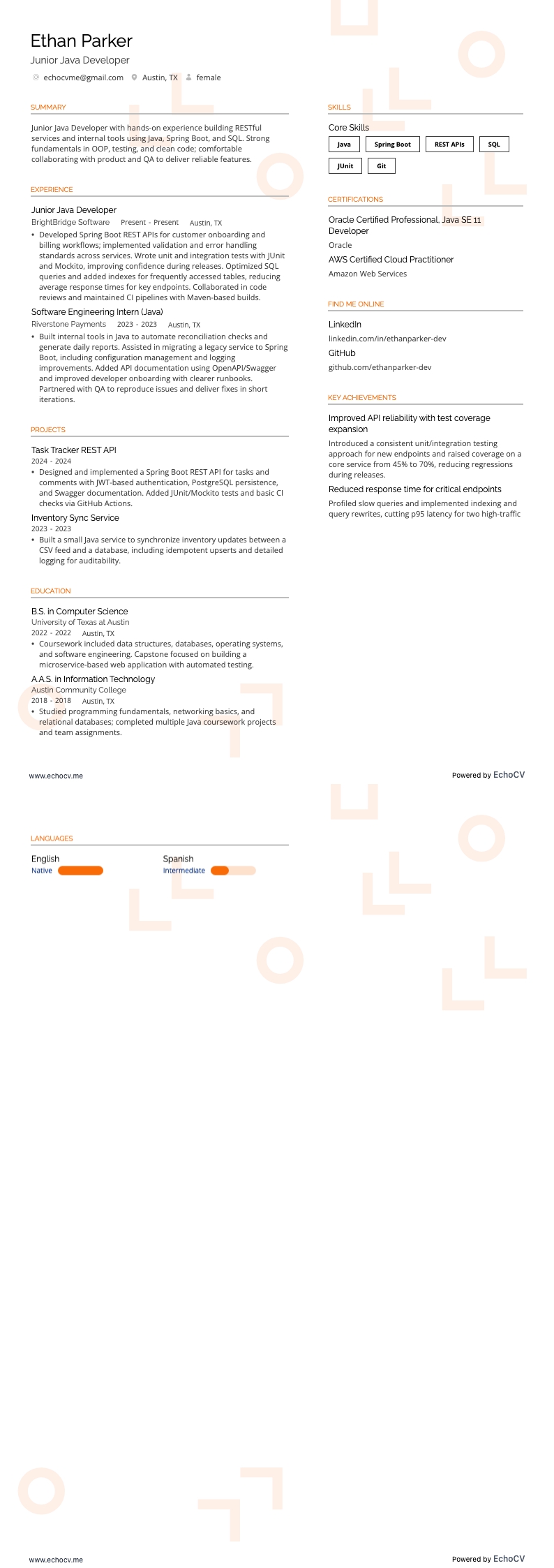 Sviluppatore Java junior example resume