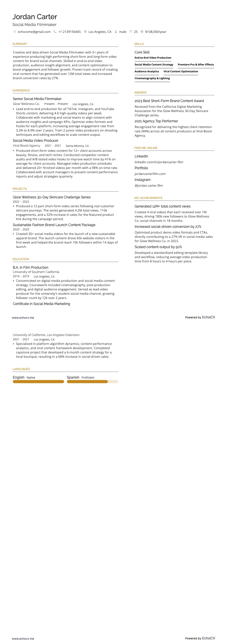 Social Media Filmmaker example resume