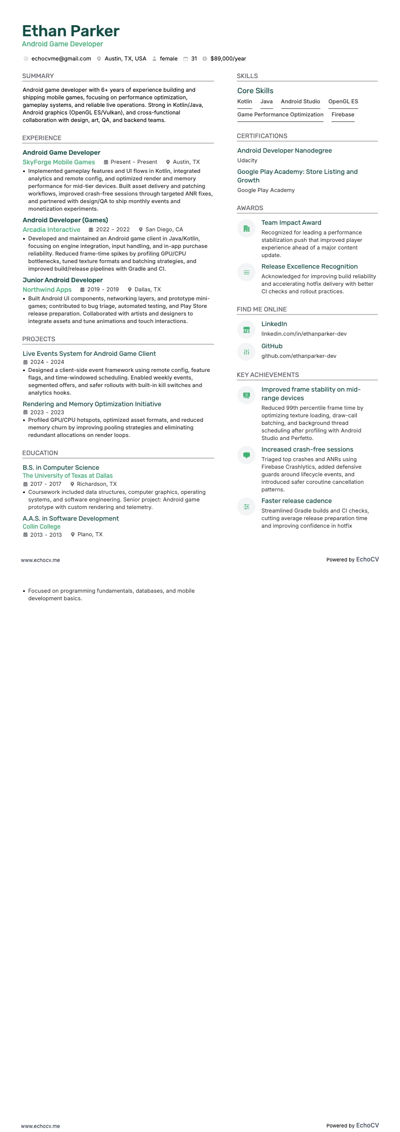 Android-spelutvecklare example resume