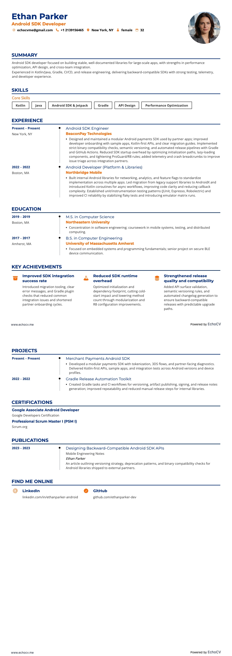 Android SDK-utvecklare example resume