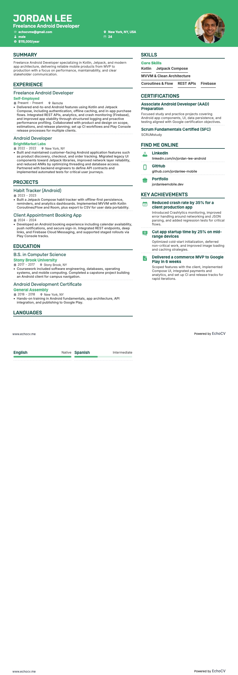 Frilansande Android-utvecklare example resume