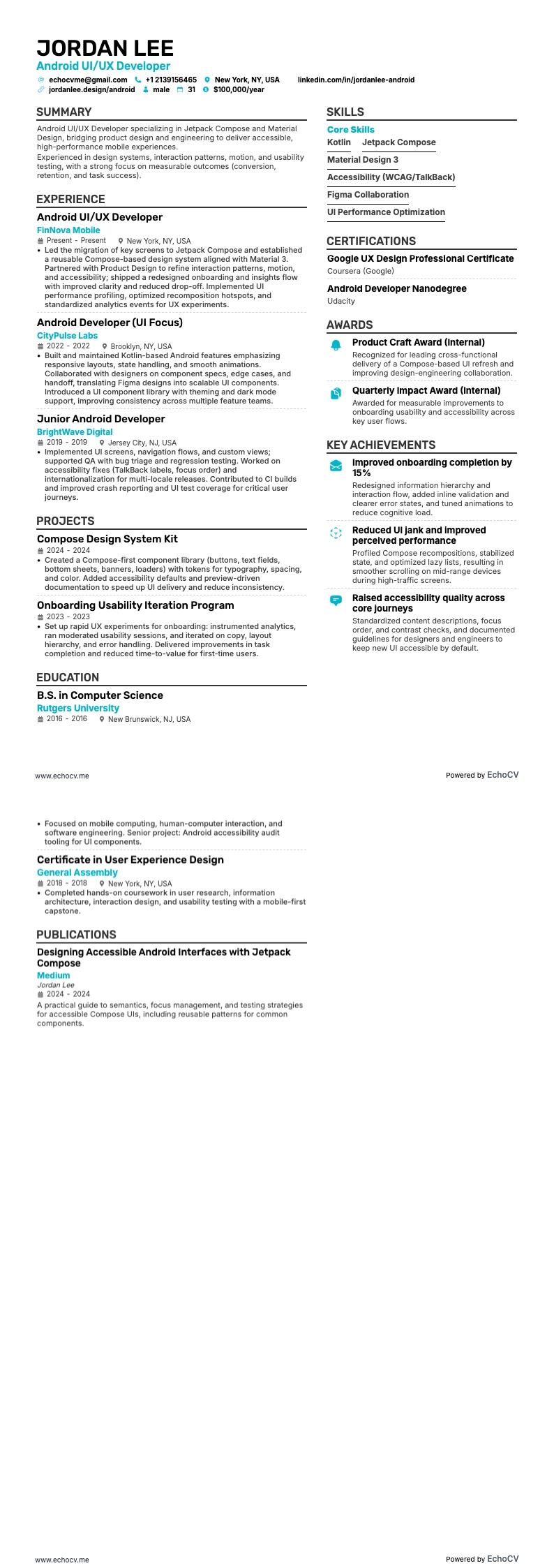 Android UI/UX-utvecklare example resume