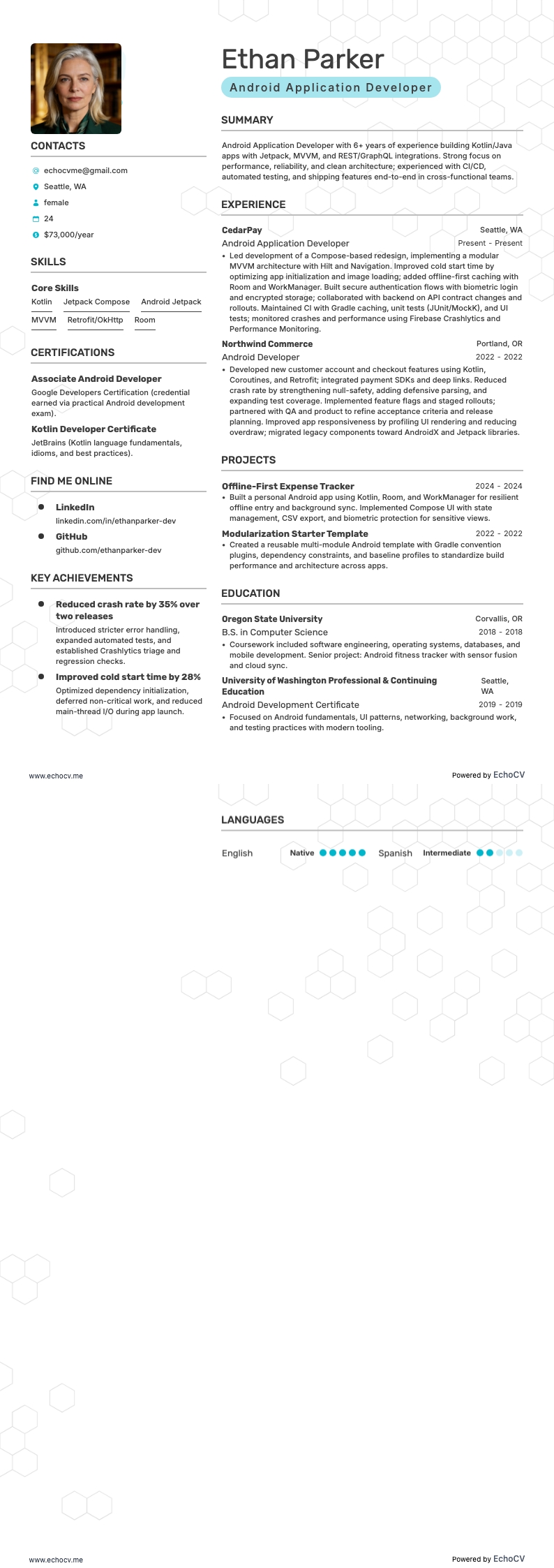 Android-applikationsutvecklare example resume