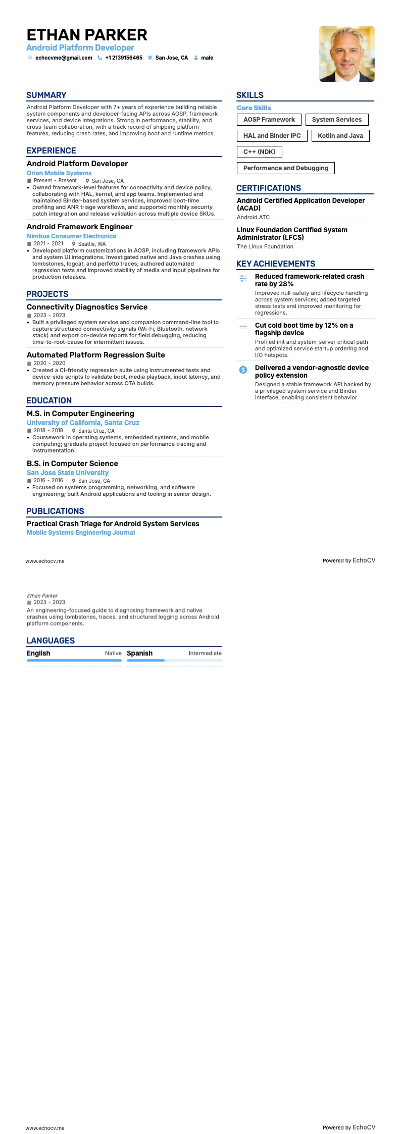 Android-plattformsutvecklare example resume
