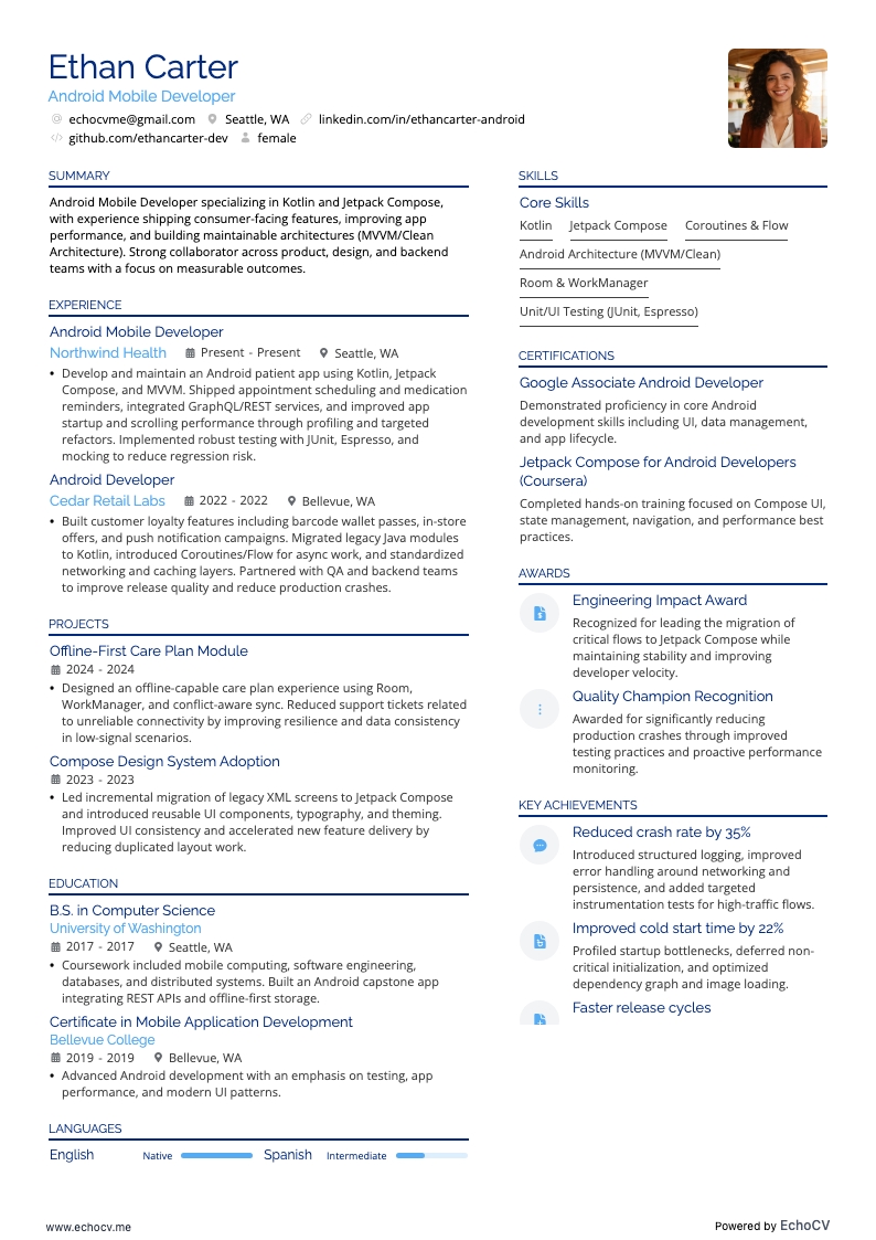 Android-mobilutvecklare example resume