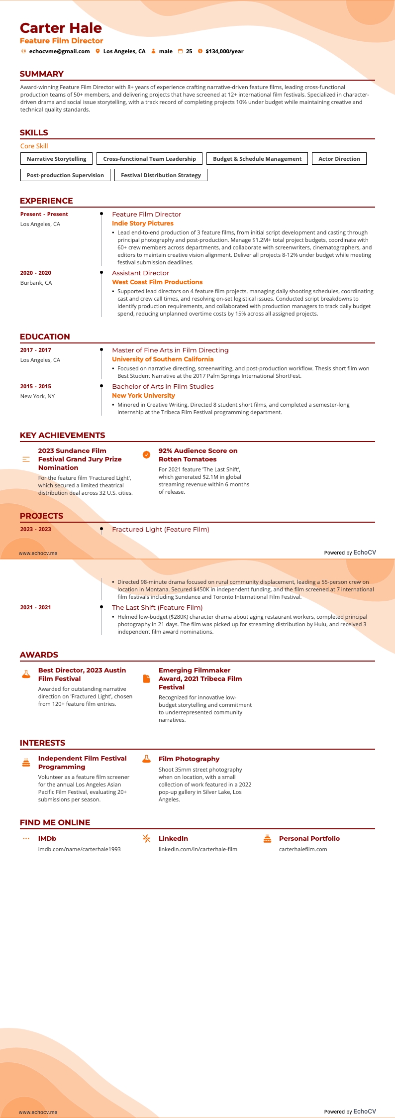 Feature Film Director example resume