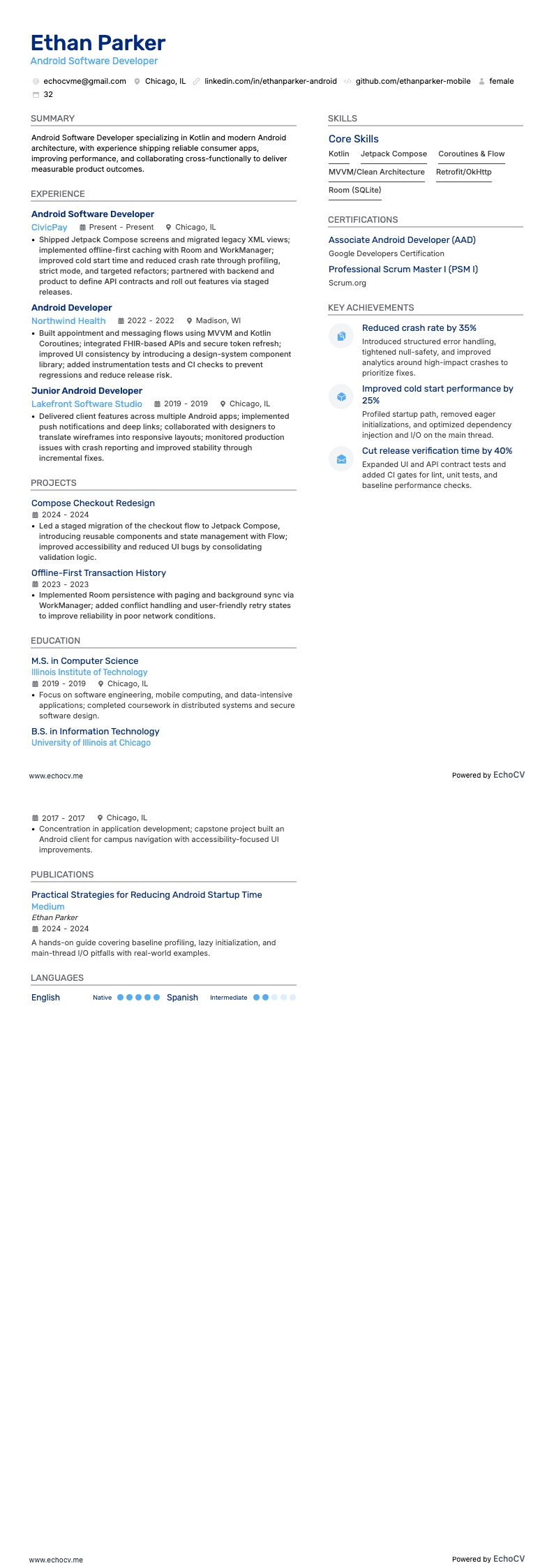 Android-mjukvaruutvecklare example resume