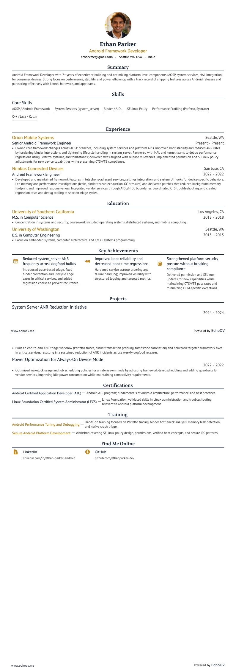 Android Framework-utvecklare example resume