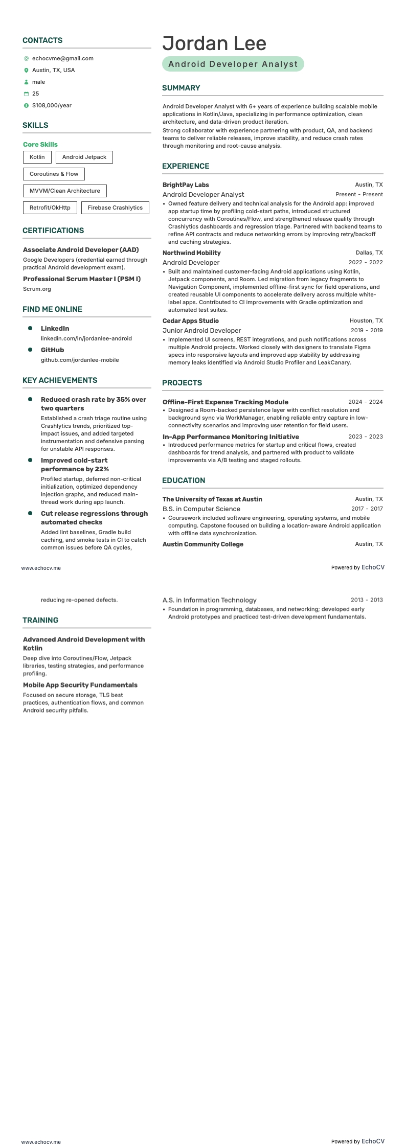 Androidutvecklaranalytiker example resume