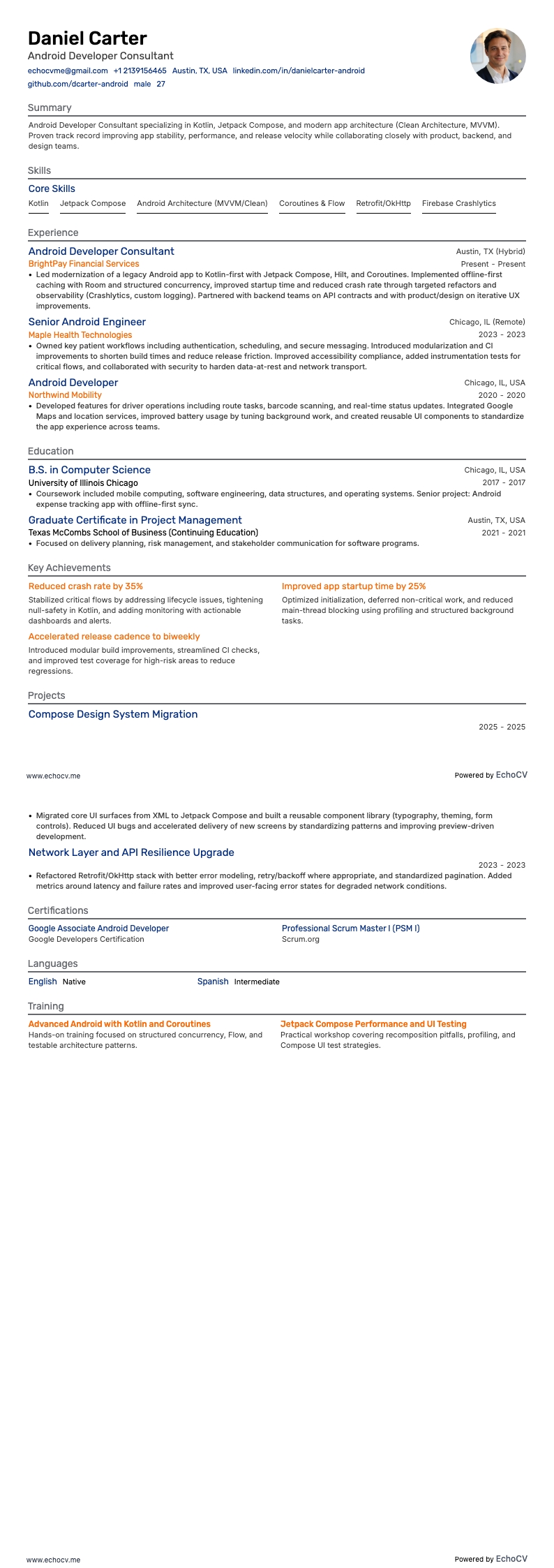 Androidutvecklarkonsult example resume