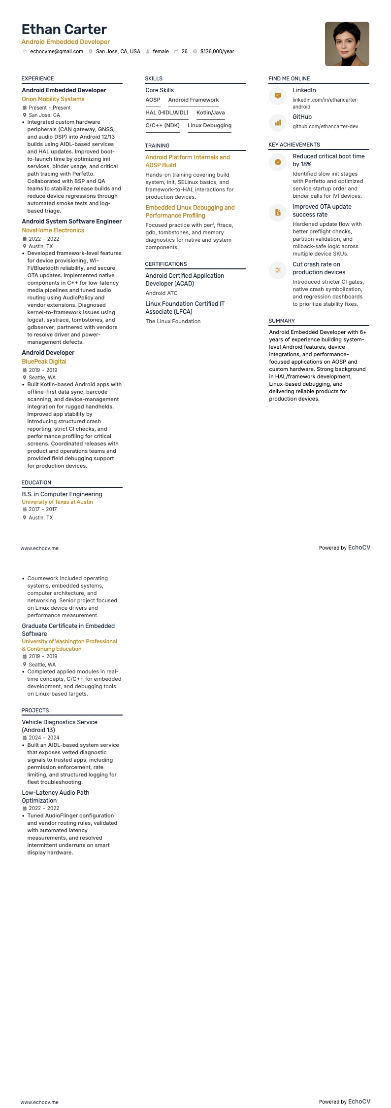 Android inbyggnadsutvecklare example resume