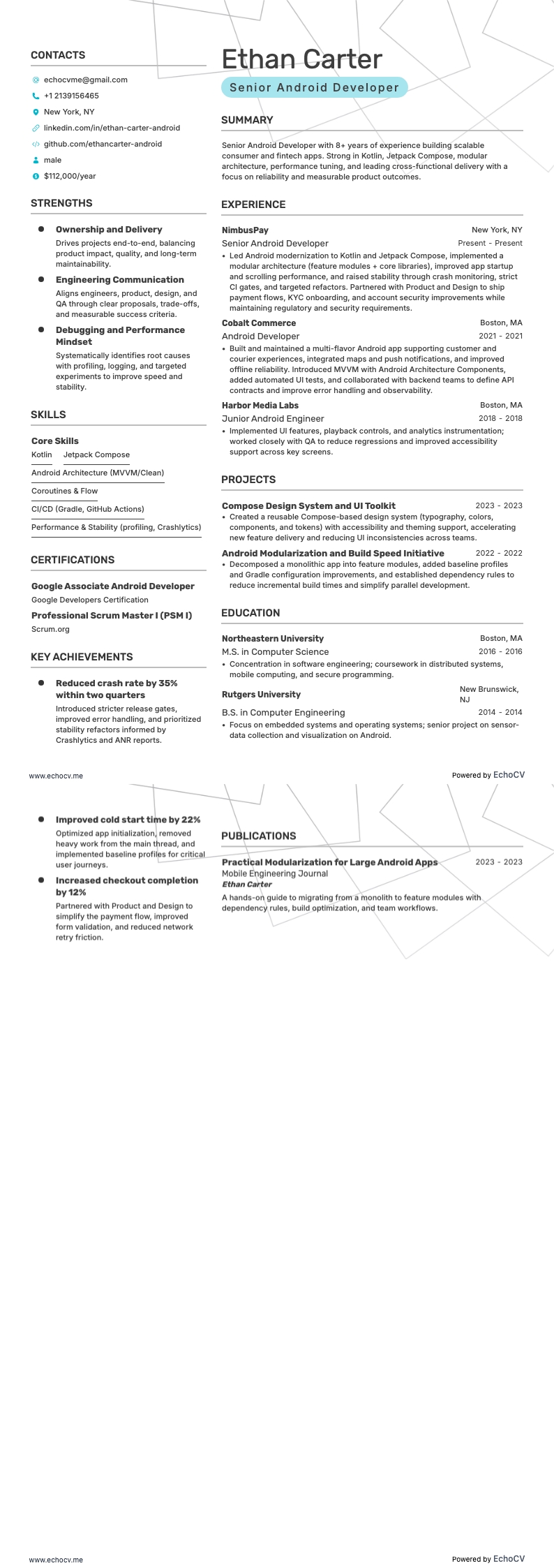Senior Android-utvecklare example resume