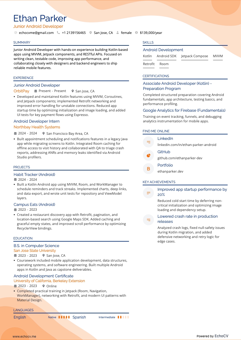 Android-utvecklare resume example