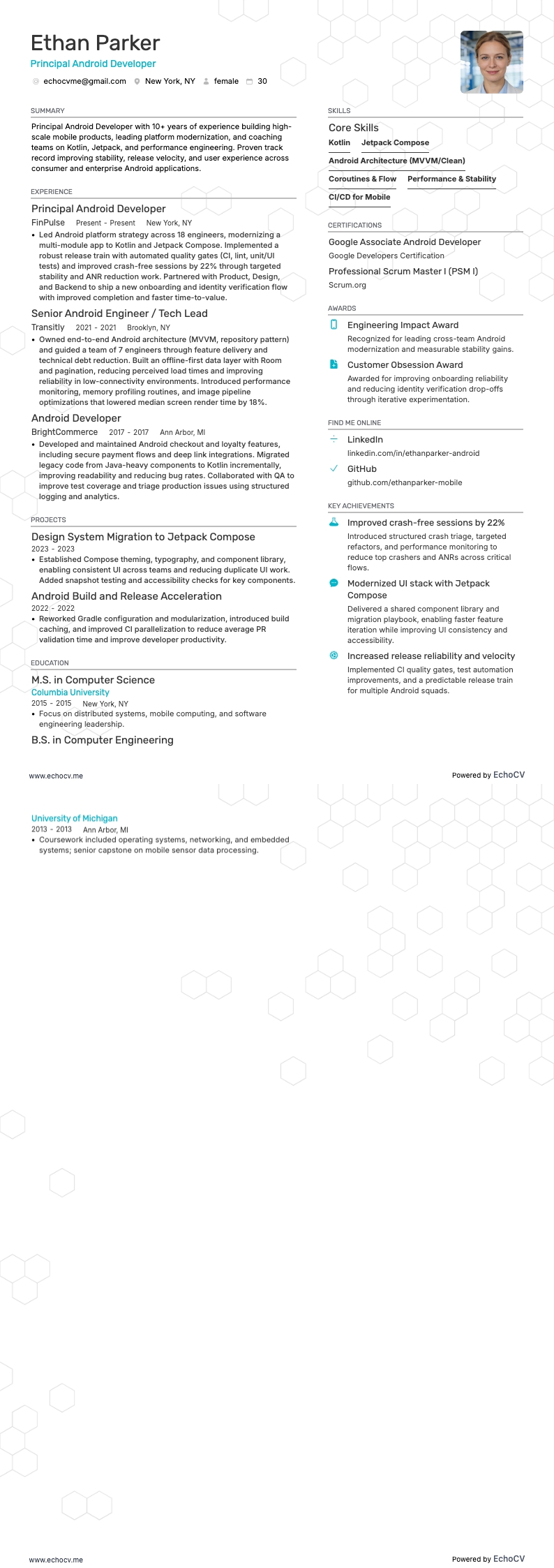 Senior Android-utvecklare example resume