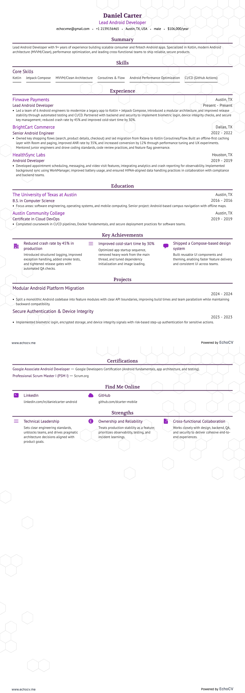 Ledande Android-utvecklare example resume