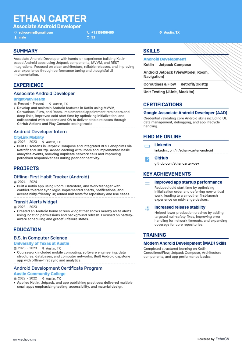 Biträdande Android-utvecklare example resume