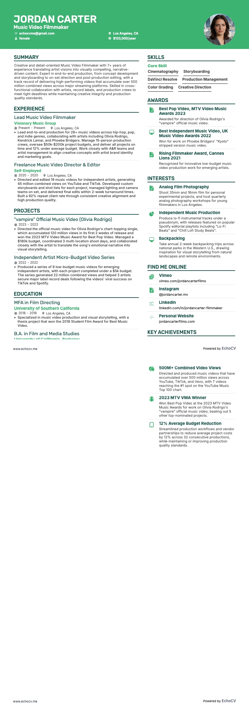 Music Video Filmmaker example resume