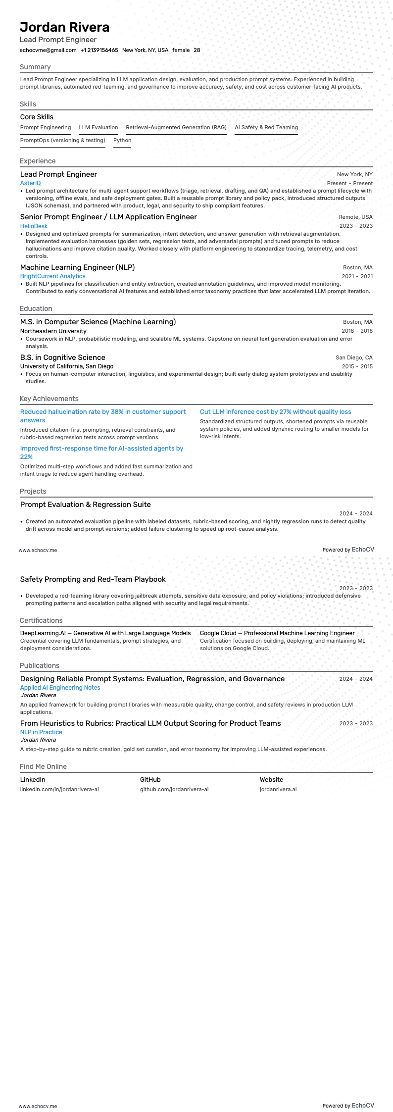 Lead Prompt Engineer example resume