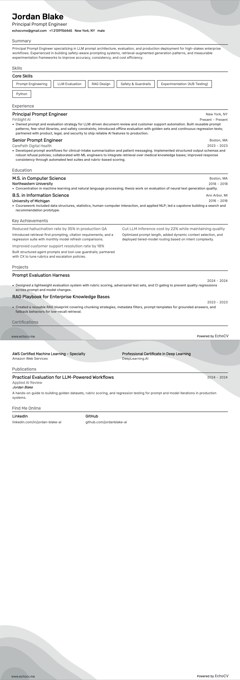 Principal Prompt Engineer example resume