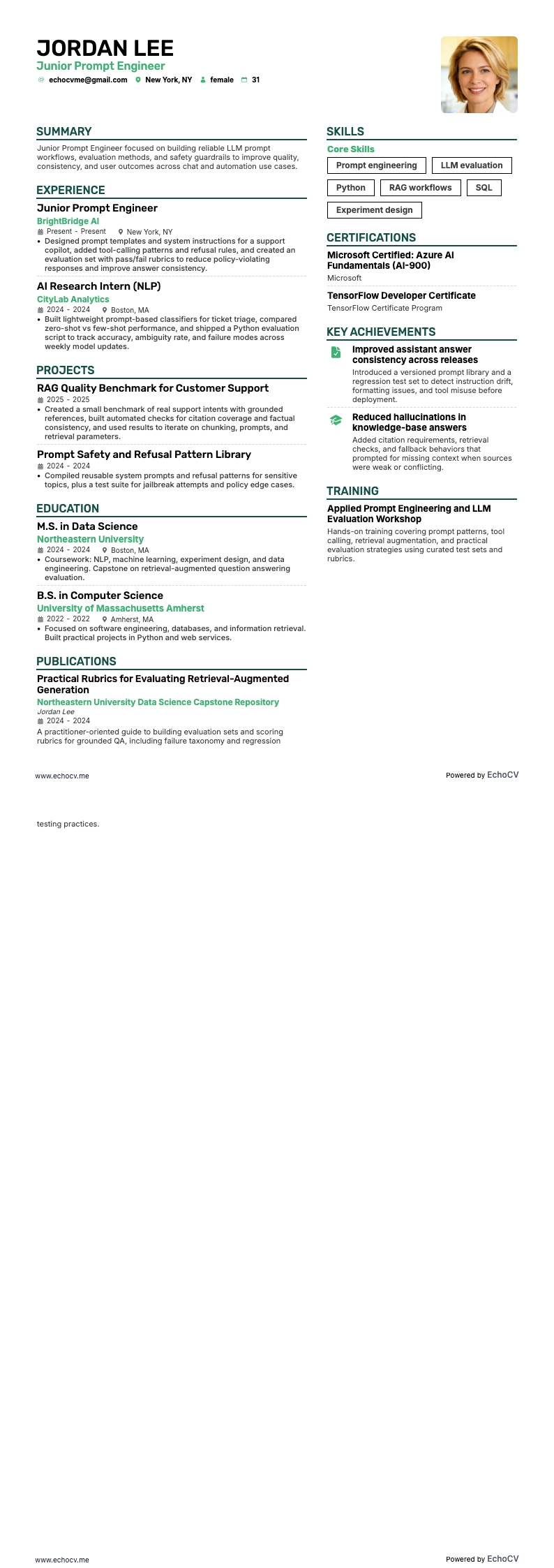 Junior Prompt Engineer example resume