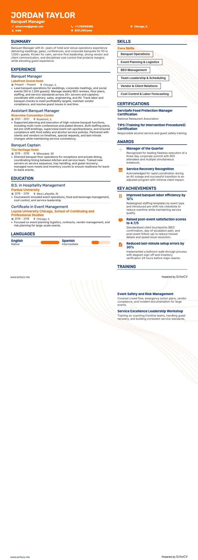 Banquet Manager example resume