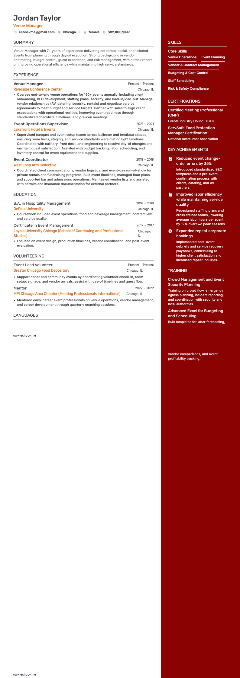 Venue Manager example resume