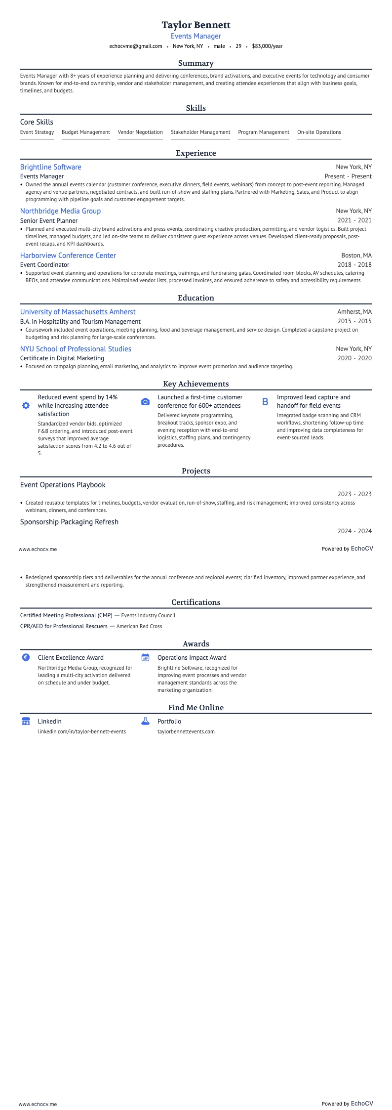 Events Manager example resume