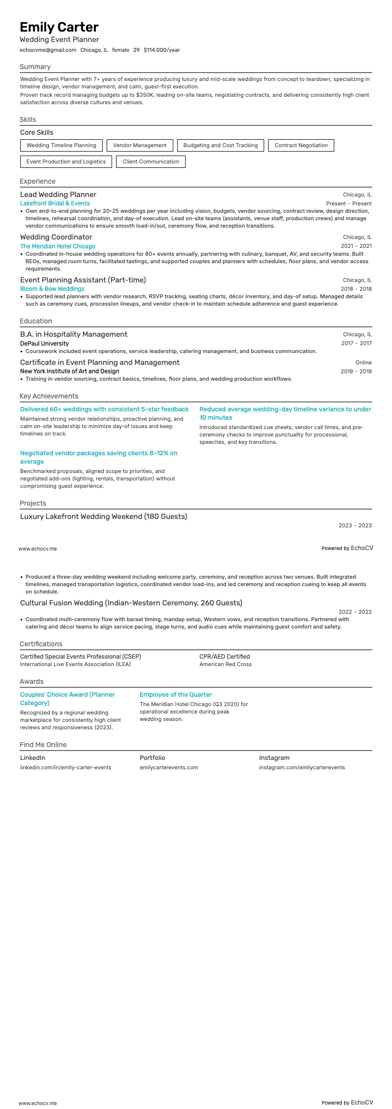 Wedding Event Planner example resume