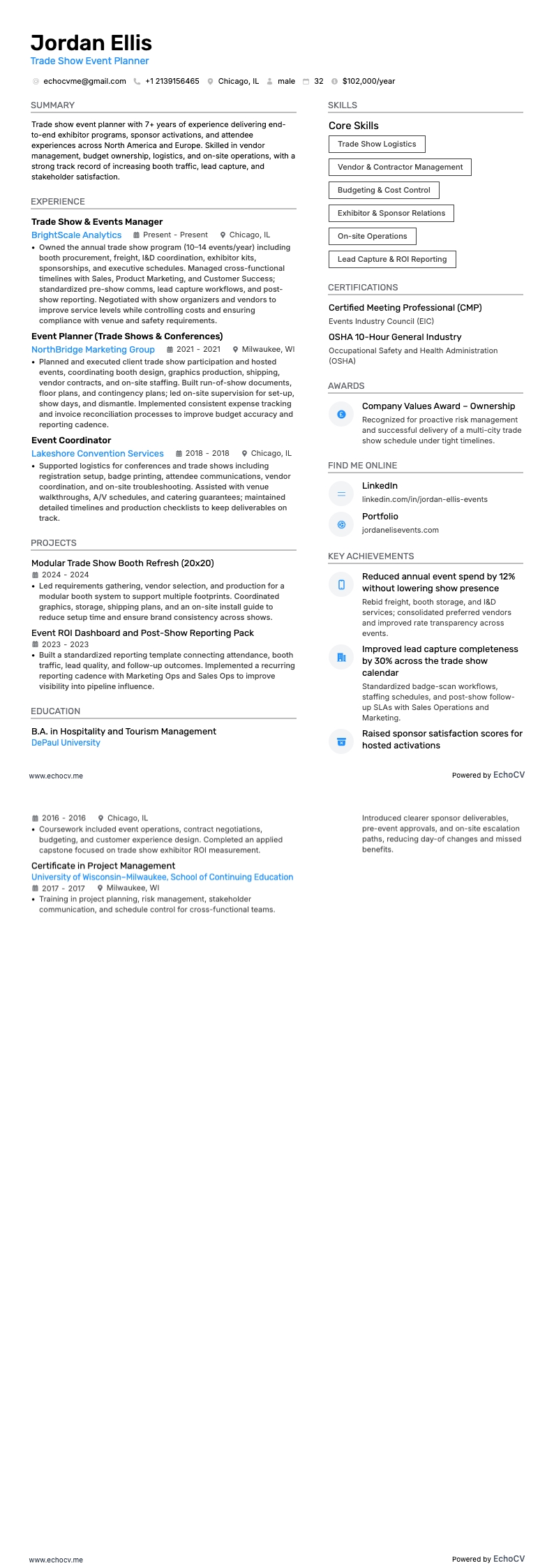 Trade Show Event Planner example resume