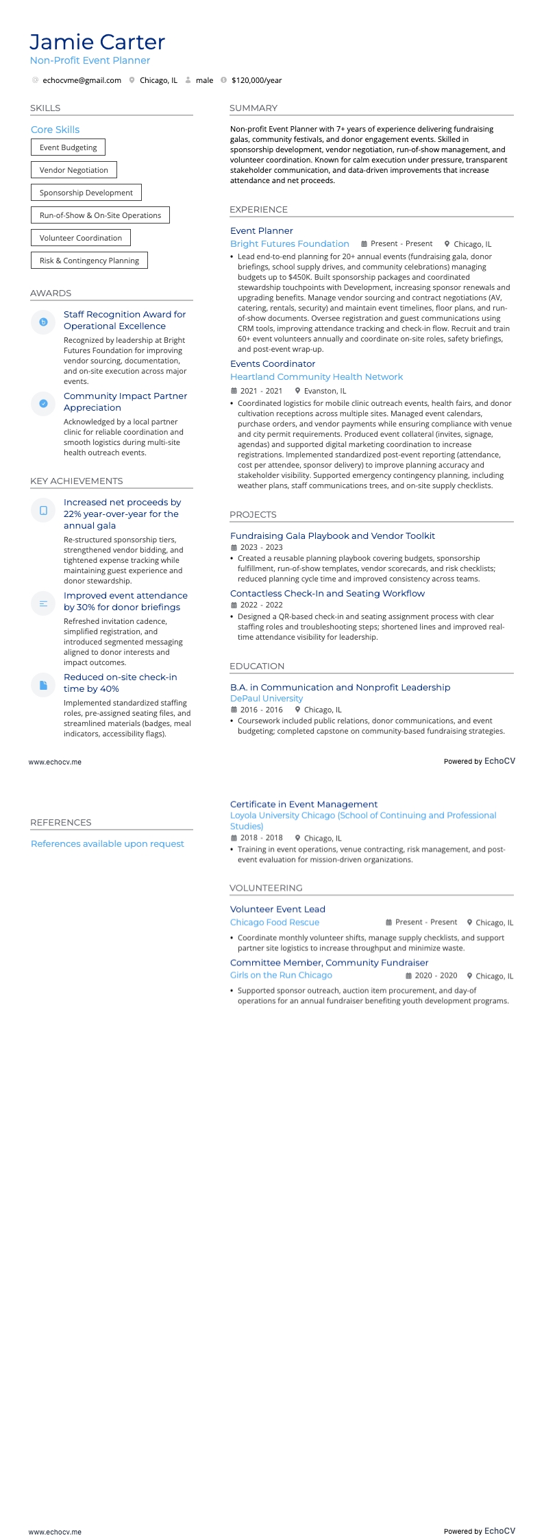 Non-Profit Event Planner example resume