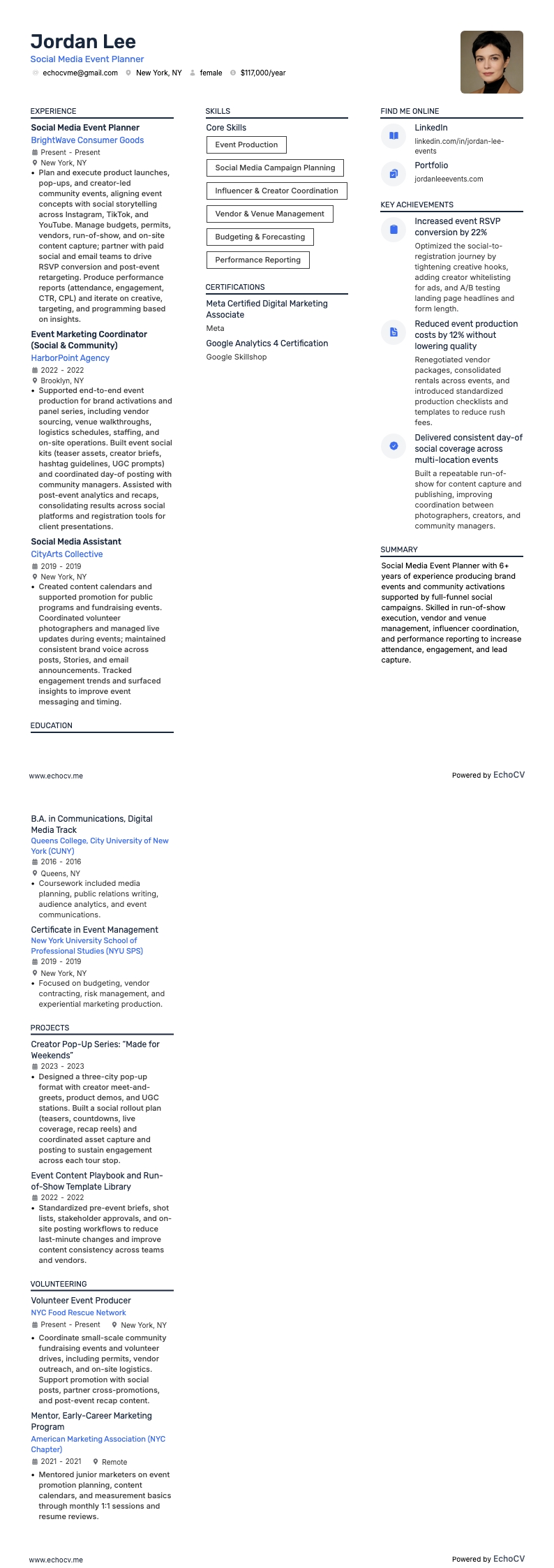 Social Media Event Planner example resume