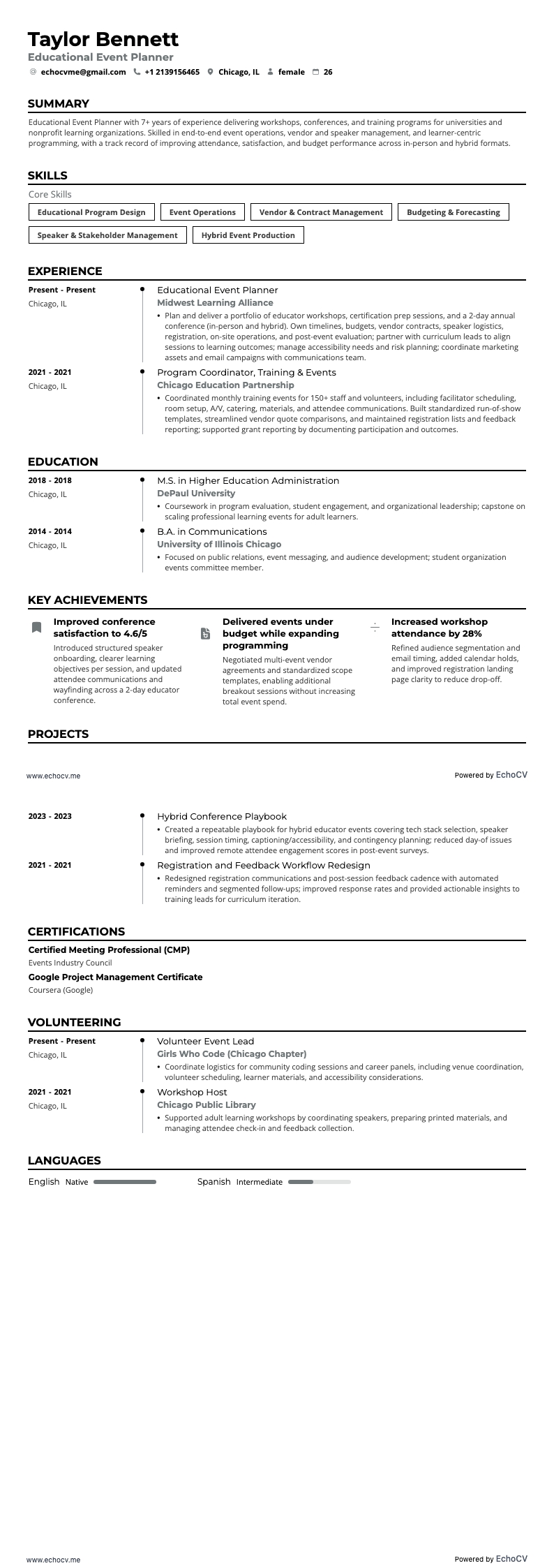 Educational Event Planner example resume