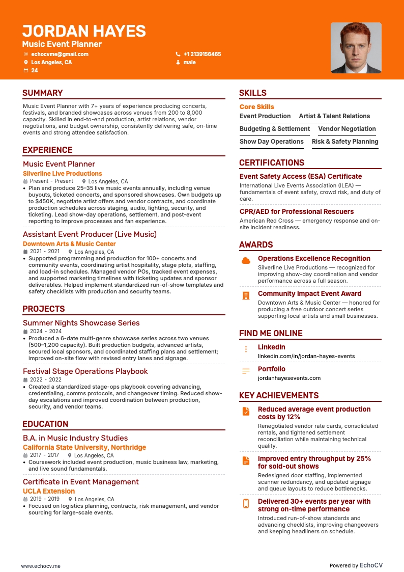 Music Event Planner example resume