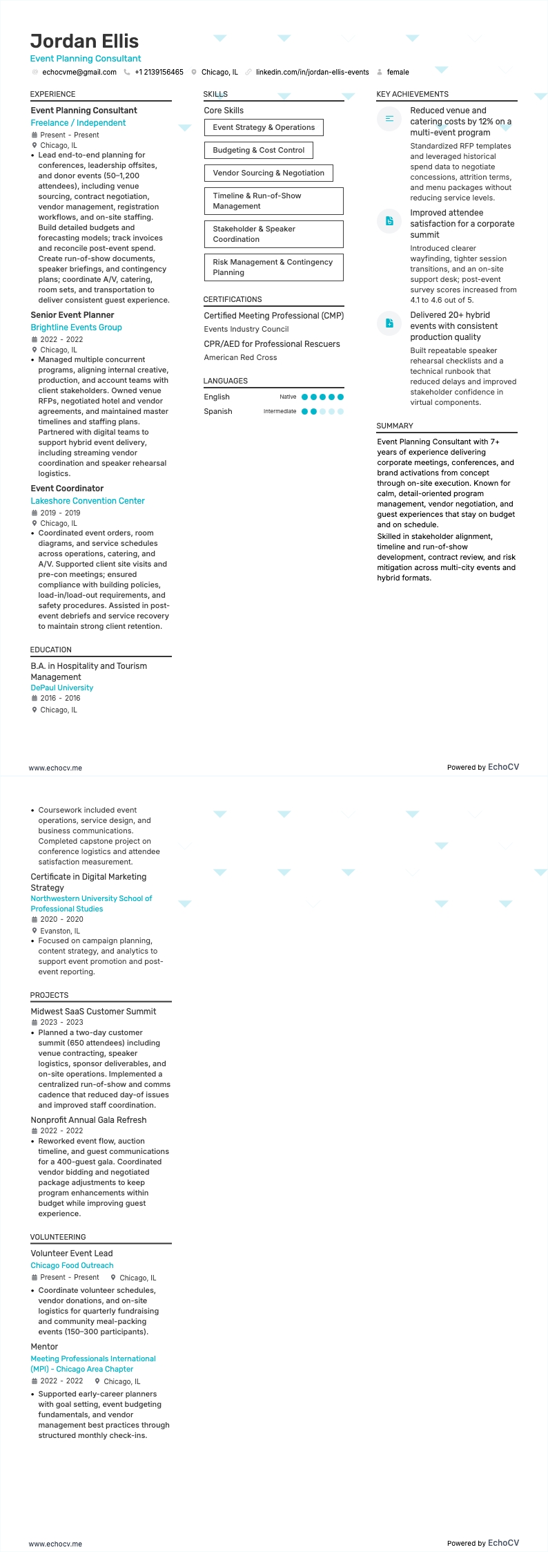 Event Planning Consultant example resume