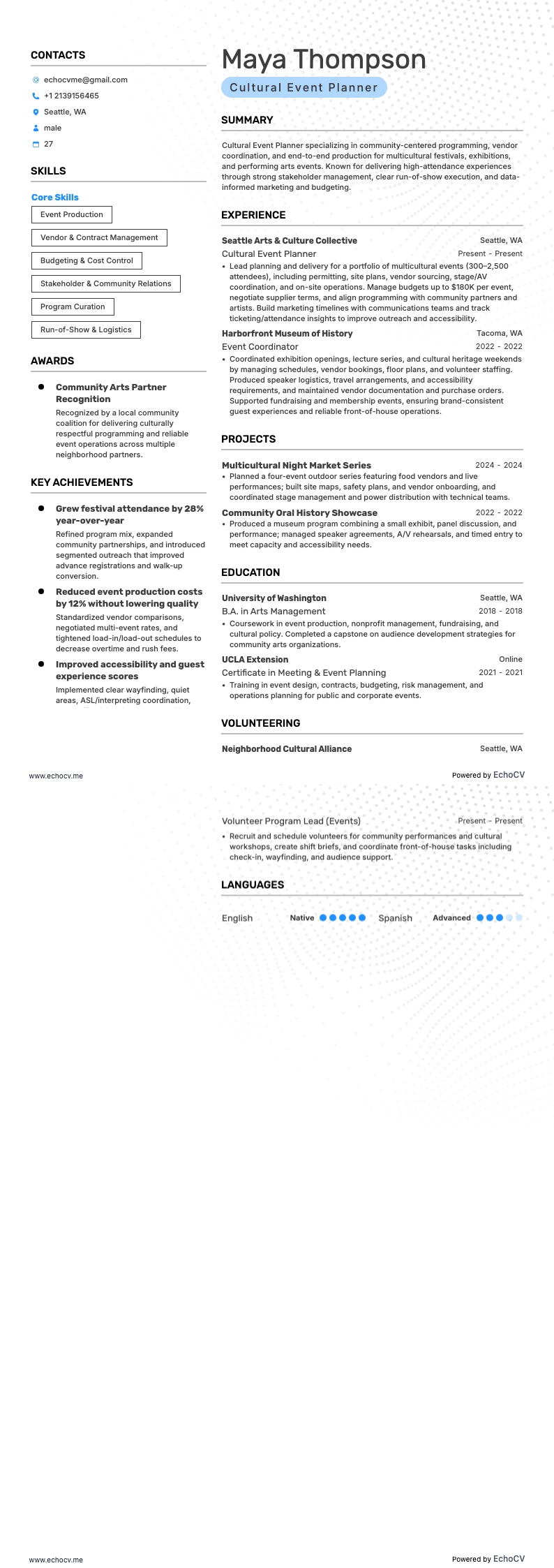 Cultural Event Planner example resume