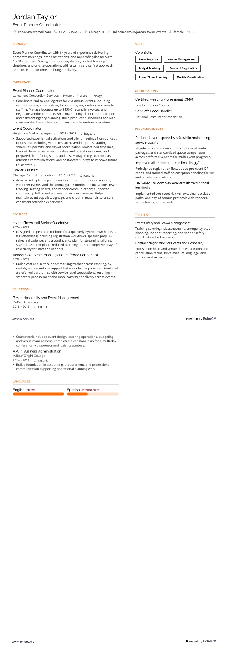 Event Planner Coordinator example resume