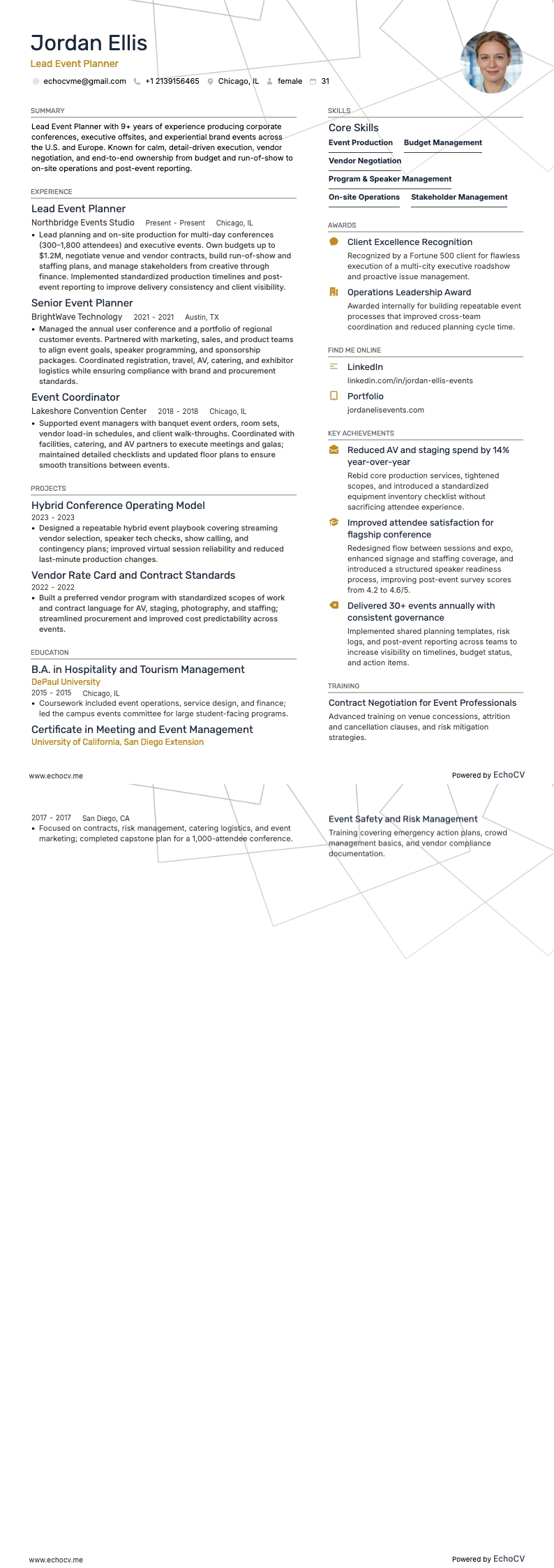 Lead Event Planner example resume