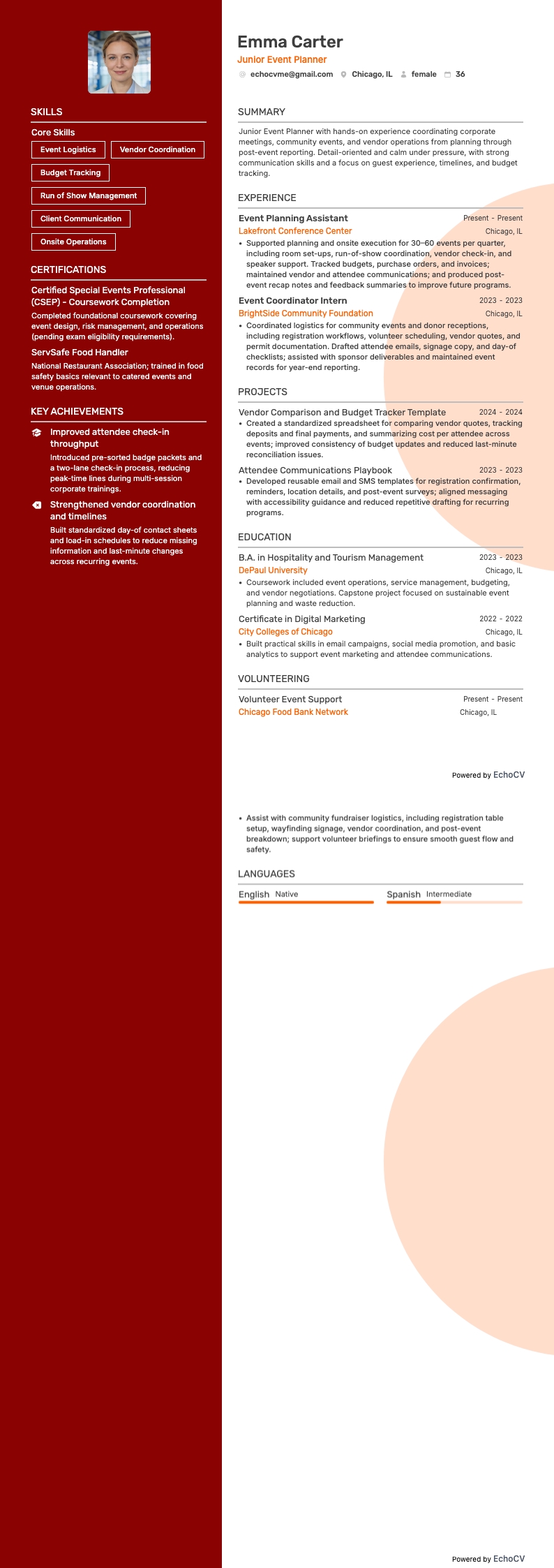 Junior Event Planner example resume